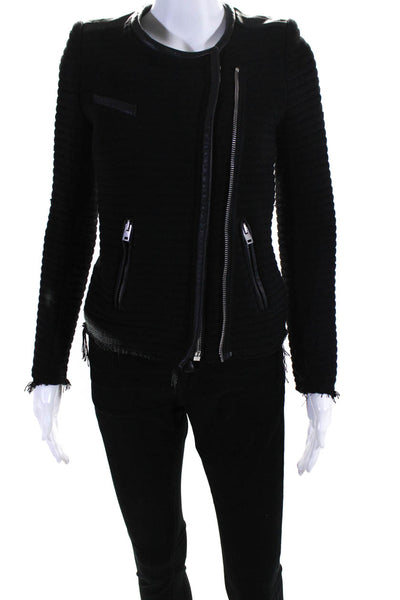 IRO Womens Ribbed Texture Fringed Hem Long Sleeve Zipped Jacket Black Size EUR36