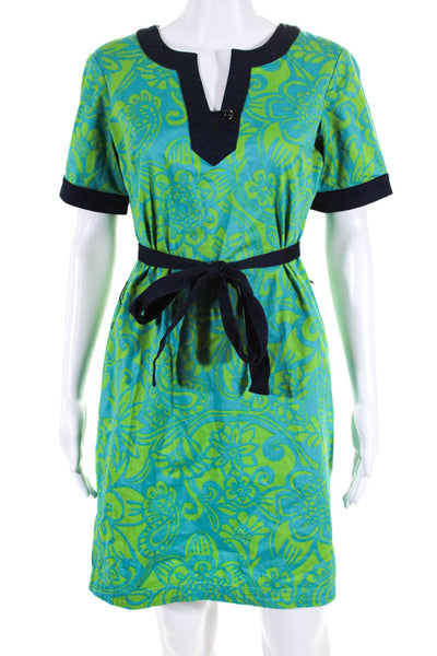 Lilly Pulitzer Womens Floral Print Belted Dress Green Blue Cotton Size 0