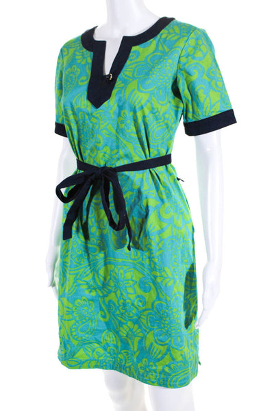 Lilly Pulitzer Womens Floral Print Belted Dress Green Blue Cotton Size 0