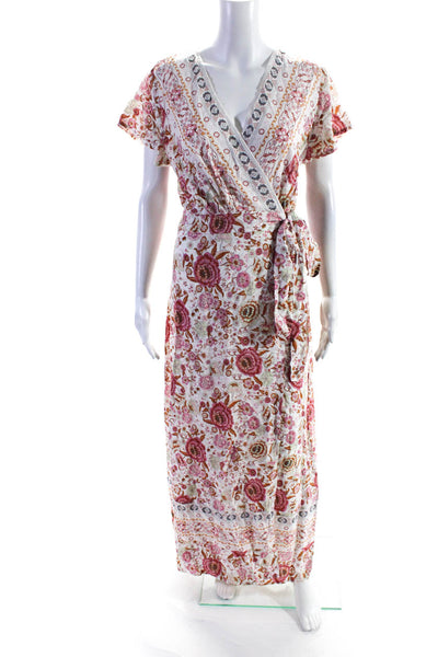 Temofon Womens Short Sleeve Floral Maxi Wrap Dress Pink White Size Large