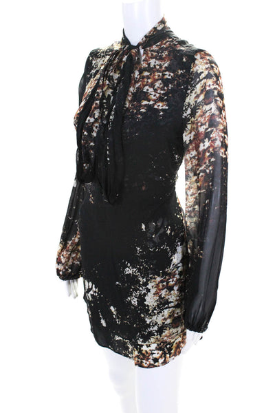 Intermix Womens Tie Neck Floral Long Sleeve Mini Dress Black Brown Size Petite