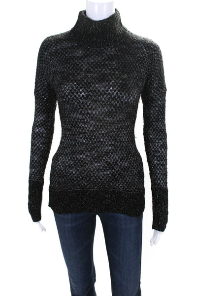 Theory Womens Thick Knit Metallic Turtleneck Sweater Black Silver Size Petite