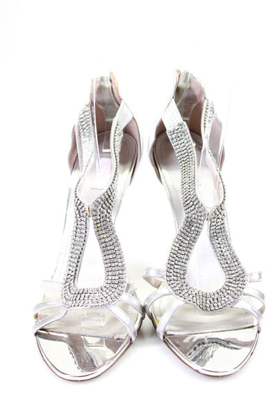 Glint Women's Embellished Leather High Heel Sandals Silver Size 10