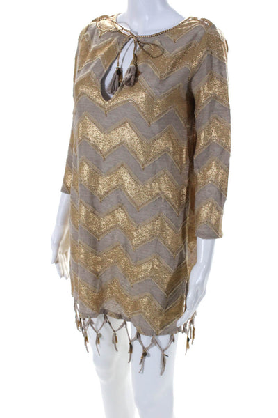 Calypso Saint Barth Women's 3/4 Sleeve V Neck Tassel Mini Dress Gold Size XS