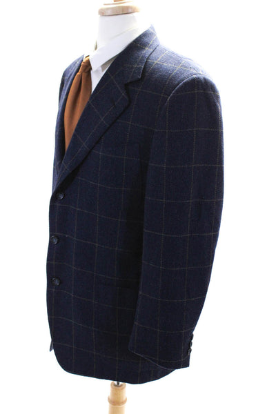 Canali Mens Plaid Three Button Blazer Navy Blue Wool Size EUR 50 Regular
