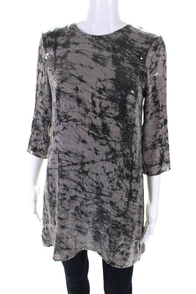 Parker Womens Silk Sequin Embellished Long Sleeve Tunic Blouse Top Gray Size XS