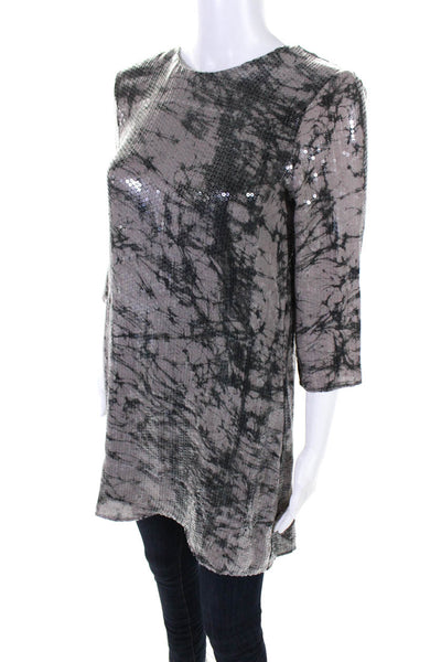 Parker Womens Silk Sequin Embellished Long Sleeve Tunic Blouse Top Gray Size XS