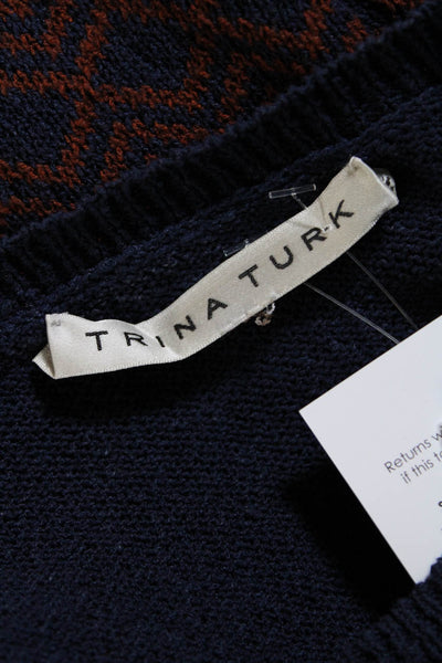 Trina Turk Womens Cotton Chevron Round Neck Long Sleeve Sweater Navy Size S