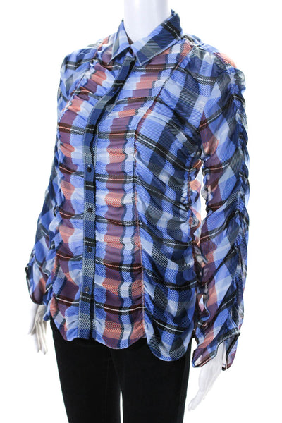 Opening Ceremony Womens Blue Plaid Ruched Long Sleeve Blouse Top Size 0
