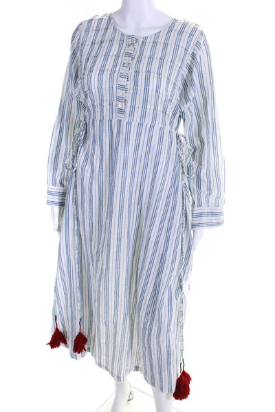 Nibi - Mtk Womens Striped Long Sleeves Dress White Blue Size Medium