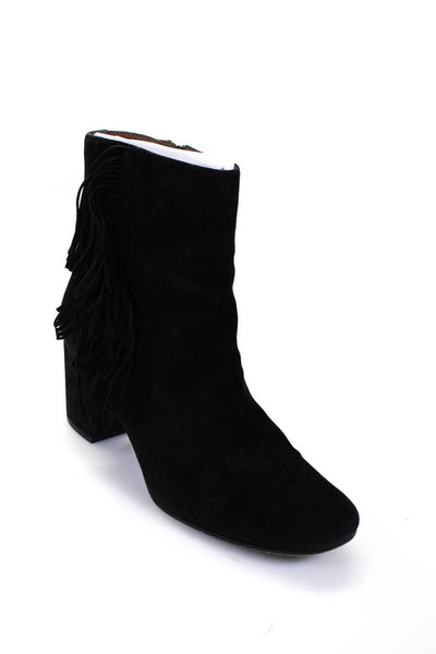 Frye Women's Suede Round Toe Block Heel Fringe Booties Black Size 9.5