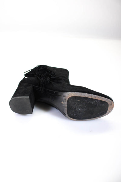 Frye Women's Suede Round Toe Block Heel Fringe Booties Black Size 9.5