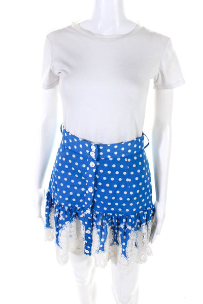 Miguelina Womens Polka Dot Lace Tiered Buttoned Tied Skirt Blue White Size XS