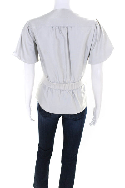 Generra Womens Front Zip Short Sleeve Crew Neck Blouse Shirt Gray Size 8