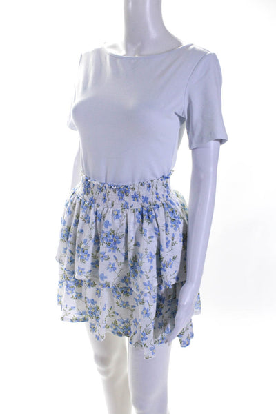 Goldie Womens Cotton Smocked Floral Print Tiered Mini Skirt White Blue Size XS