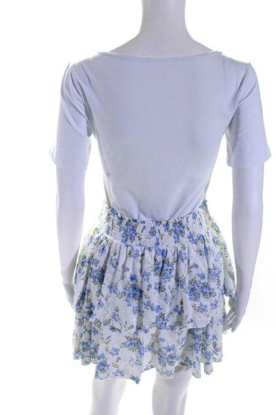 Goldie Womens Cotton Smocked Floral Print Tiered Mini Skirt White Blue Size XS