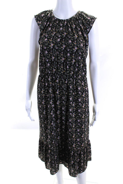 J Crew Womens Floral V Neck Sleeveless Blouson V Neck Midi Dress Black Size S