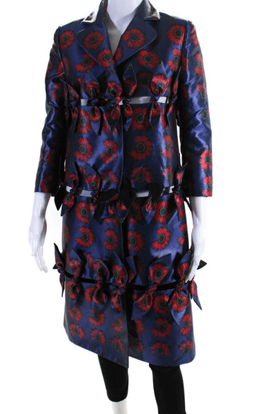 Jonathan Cohen Womens Button Front Knotted Bow Floral Cut Out Coat Blue Small