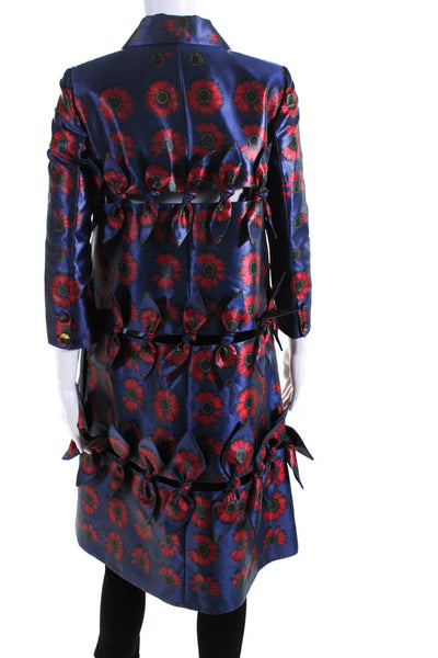 Jonathan Cohen Womens Button Front Knotted Bow Floral Cut Out Coat Blue Small
