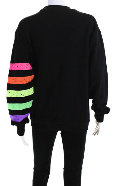 Worthy Threads Womens Crew Neck Neon Striped Trim Sweater Black Size Small