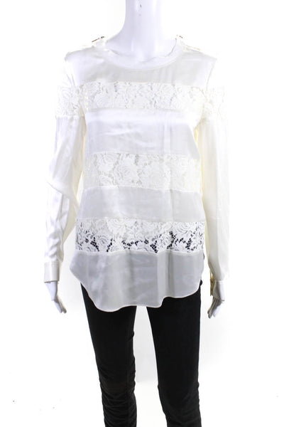 Rebecca Taylor Womens White Lace Trim Zip Long Sleeve Blouse Top Size 6