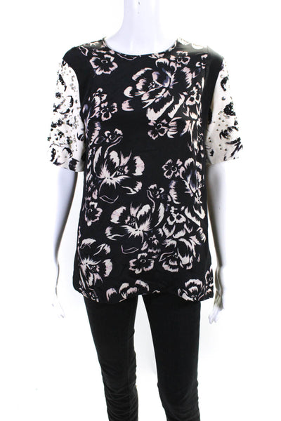 Rebecca Taylor Womens Black Silk Beaded Sequins Floral Print Blouse Top Size 6