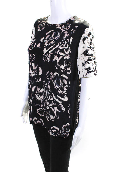 Rebecca Taylor Womens Black Silk Beaded Sequins Floral Print Blouse Top Size 6