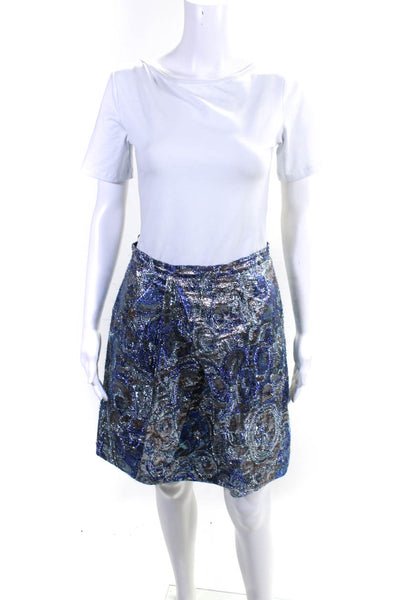 J Crew Womens Metallic Blue Printed Pleated Knee Length A-Line Skirt Size 4
