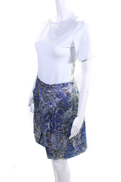 J Crew Womens Metallic Blue Printed Pleated Knee Length A-Line Skirt Size 4