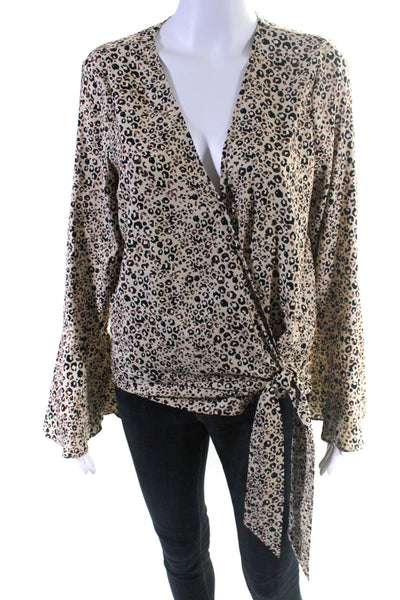 Parker Womens Leopard Print Long Sleeve Wrap Top Blouse Beige Brown Size Medium