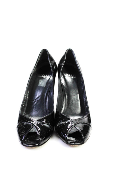 Stuart Weitzman Women's Patent Leather Criss Cross Peep Toe Heels Black Size 9