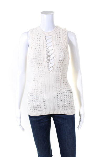 Ronny Kobo Womens Lace Up Pointelle Knit Sleeveless Top Blouse Ivory Size Small