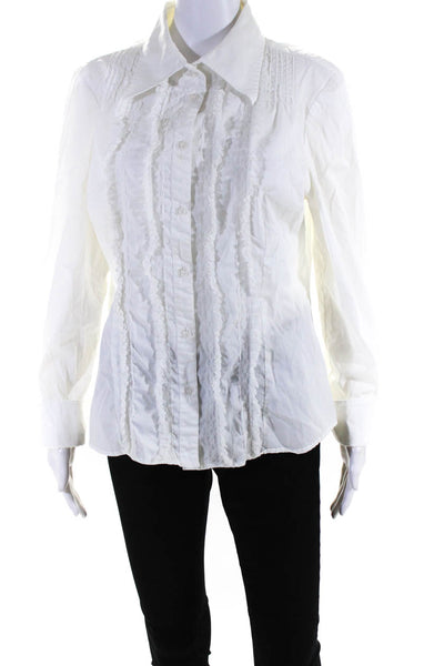 BCBG Max Azria Womens Cotton Lace Trimmed Buttoned Long Sleeve Top White Size XL
