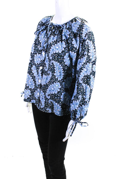 J Crew Collection Womens Cotton Floral Print Button Up Blouse Top Blue Size M