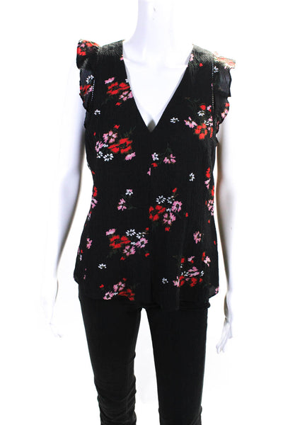 Rebecca Taylor Womens Silk Floral Print Cap Sleeve V-Neck Blouse Black Size 6