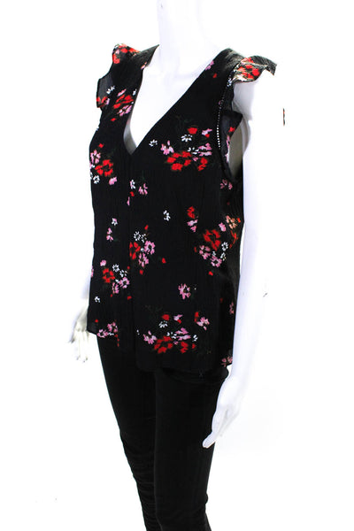 Rebecca Taylor Womens Silk Floral Print Cap Sleeve V-Neck Blouse Black Size 6