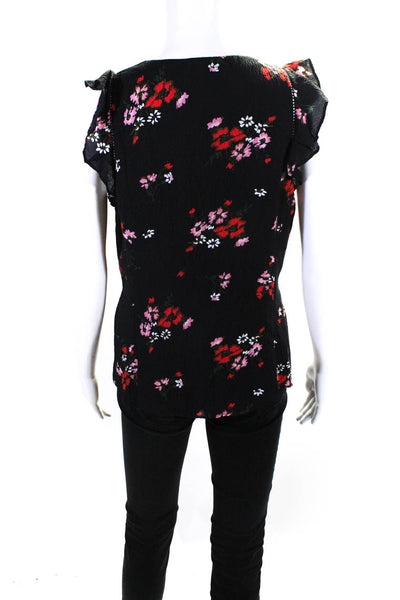 Rebecca Taylor Womens Silk Floral Print Cap Sleeve V-Neck Blouse Black Size 6