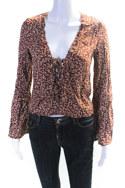 Flynn Skye Womens Floral Print Tied Long Sleeve High Low Blouse Brown Size XS