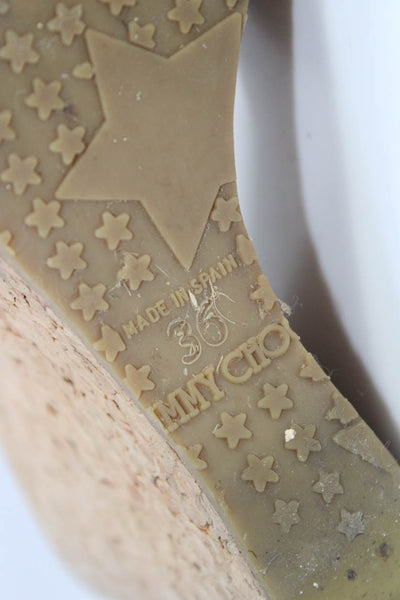Jimmy Choo Womens Patent Leather Cross Strap Cork Wedge Sandals Beige Size 36 6