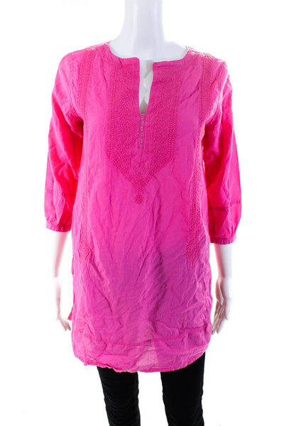 Roller Rabbit Womens 3/4 Sleeve V Neck Embroidered Trim Shirt Pink Size XS