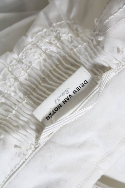Dries Van Noten Womens White Cotton V-Neck Long Sleeve A-Line Dress Size 34