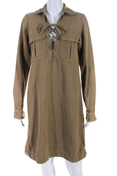 Nili Lotan Womens Brown Cotton Collar Lace Up Long Sleeve Shirt Dress Size XS