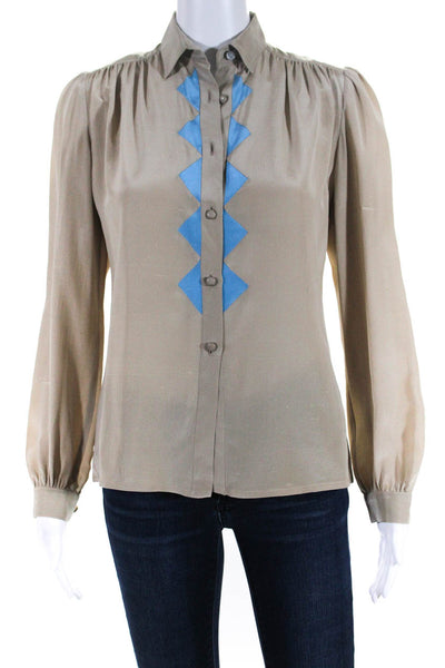 Valentino Boutique Womens Button Front Vintage Silk Shirt Brown Blue Size 4