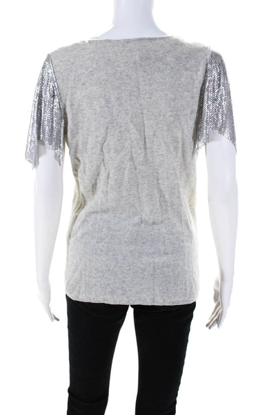 Neiman Marcus Womens Cashmere Patchwork Chained Sleeve V-Neck Top Beige Size L