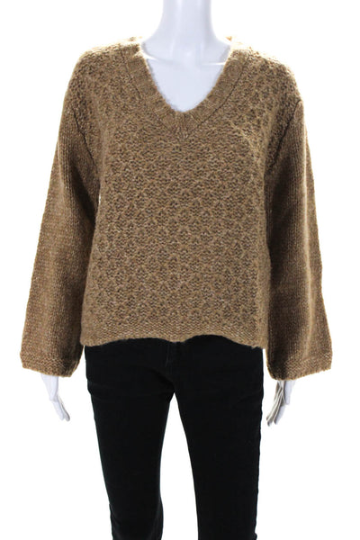 Ramy Brook Womens Metallic Crochet Knit V Neck Sweater Brown Size Extra Small