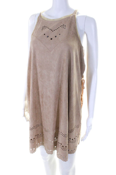 Cindigindi Womens Sleeveless Lace Trim Eyelet Side Tie Mini Dress Beige Size S