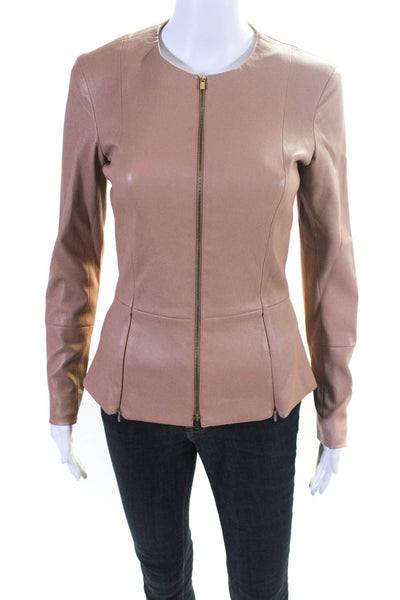 The Row Womens Front Zip Long Sleeve Crew Neck Leather Jacket Brown Size 4