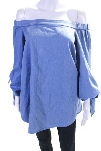 Tibi Womens Chambray Off The Shoulder Tie Sleeves Blouse Blue Cotton Size 4