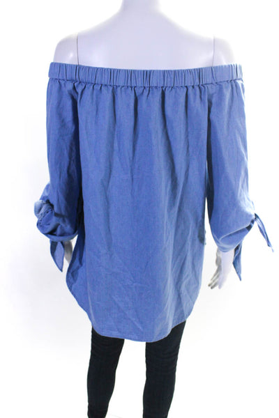 Tibi Womens Chambray Off The Shoulder Tie Sleeves Blouse Blue Cotton Size 4