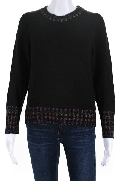 Happy Sheep Womens Metallic Stripe Trim Crew Neck Sweater Black Wool Size XS